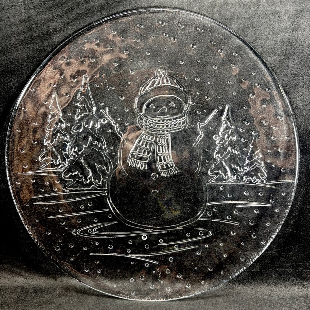 Vintage Libby Clear‎ Glass Snowman Platter / Plate / Serving Tray 13"